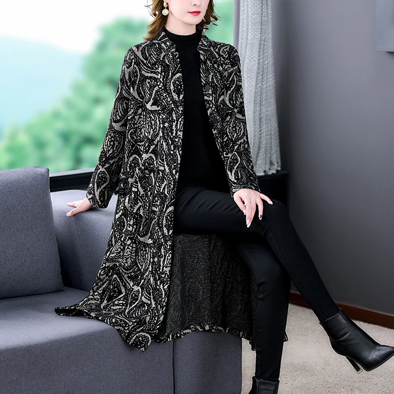 

2023 Autumn/Winter New Black Printed Women's Woolen Windbreaker Bohemian Vintage Casual Mid length Loose Large Slim Coat