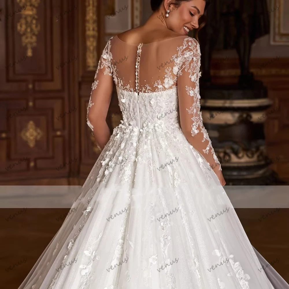 Abiti da Sposa Glamour, Vestiti Nuziali Vintage con Applicazioni in Pizzo, Maniche Lunghe, Eleganti e Personalizzabili, Vestidos De Novia