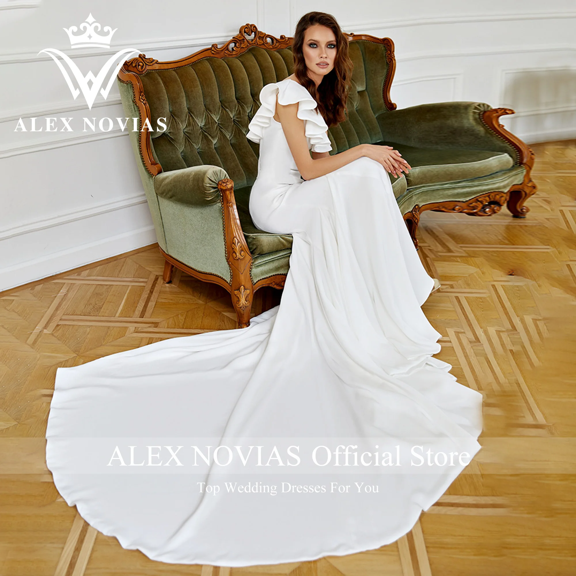 ALEX NOVIAS Vestido De Noiva Sereia 2023 Simples mangas RUFFLES Tribunal Trem francês cetim vestido de casamento Vestidos Novias De Saten