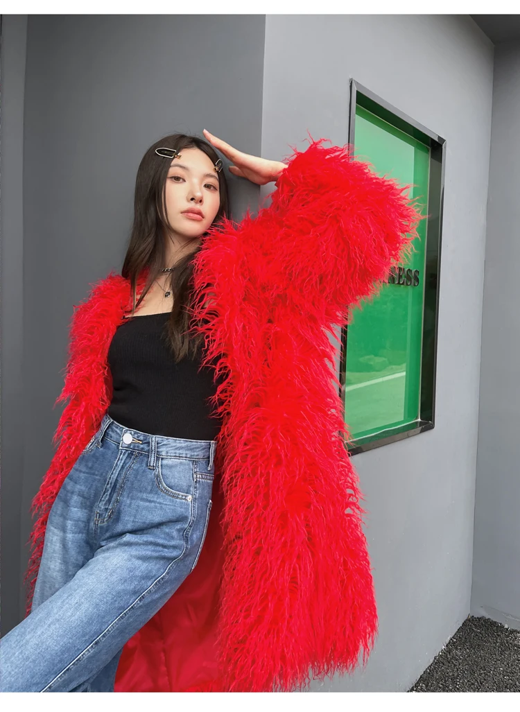 Lady Personalized Faux Fur Coat Female Rose Red Streetwear Long Jacket Women\'s Winter Coats Promotion