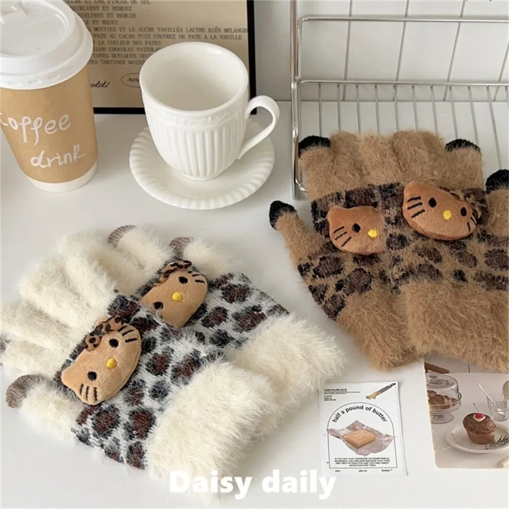 Hello Kitty Gloves Miniso Cartoon Leopard Print Warm Thick Knitted Gloves Autumn and Winter New Item Finger Touch Gloves