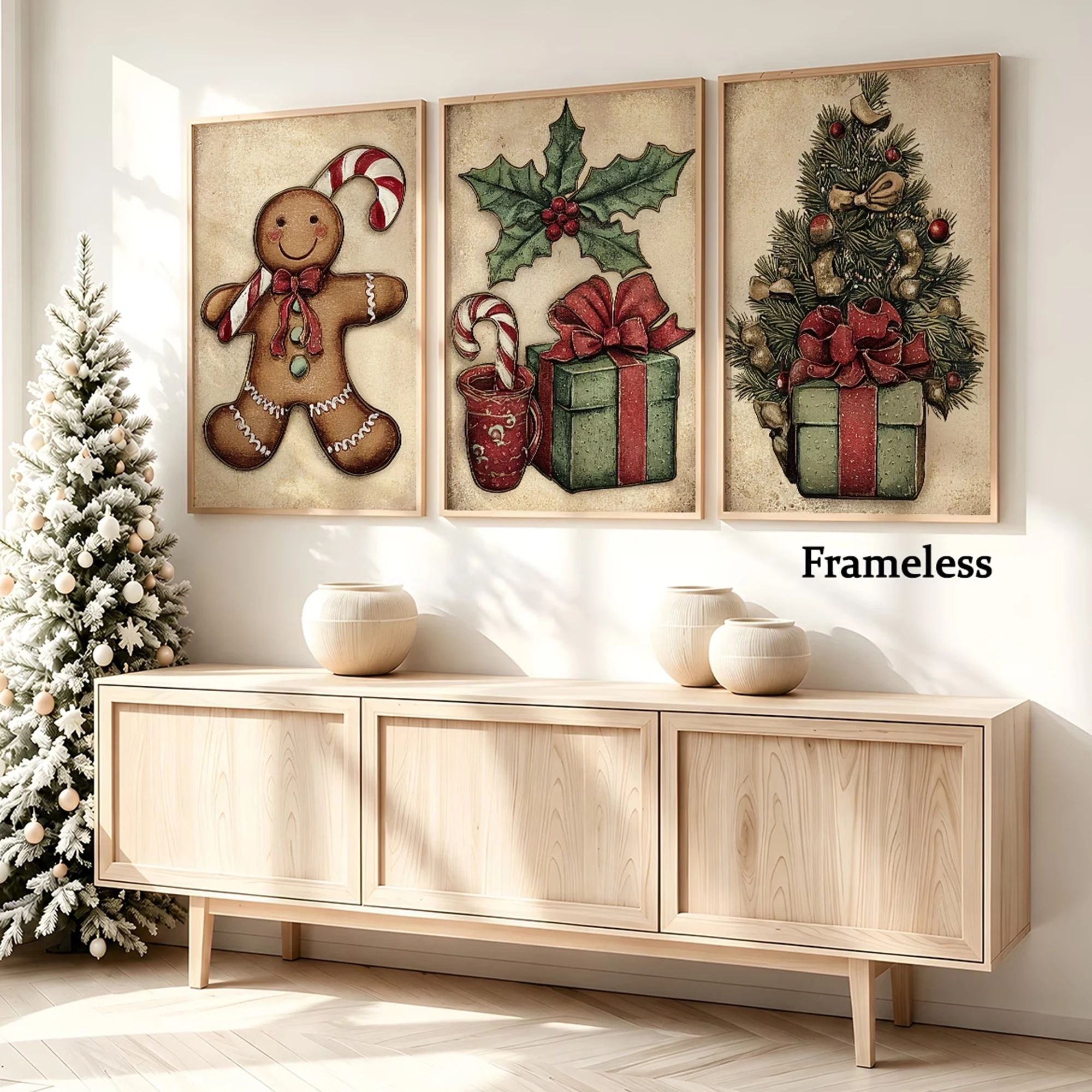 3pcs Retro Christmas Gingerbread Man With Gifts Wall Art Print Canvas Painting Poster Picture For Living Room,Bedroom Home Decor