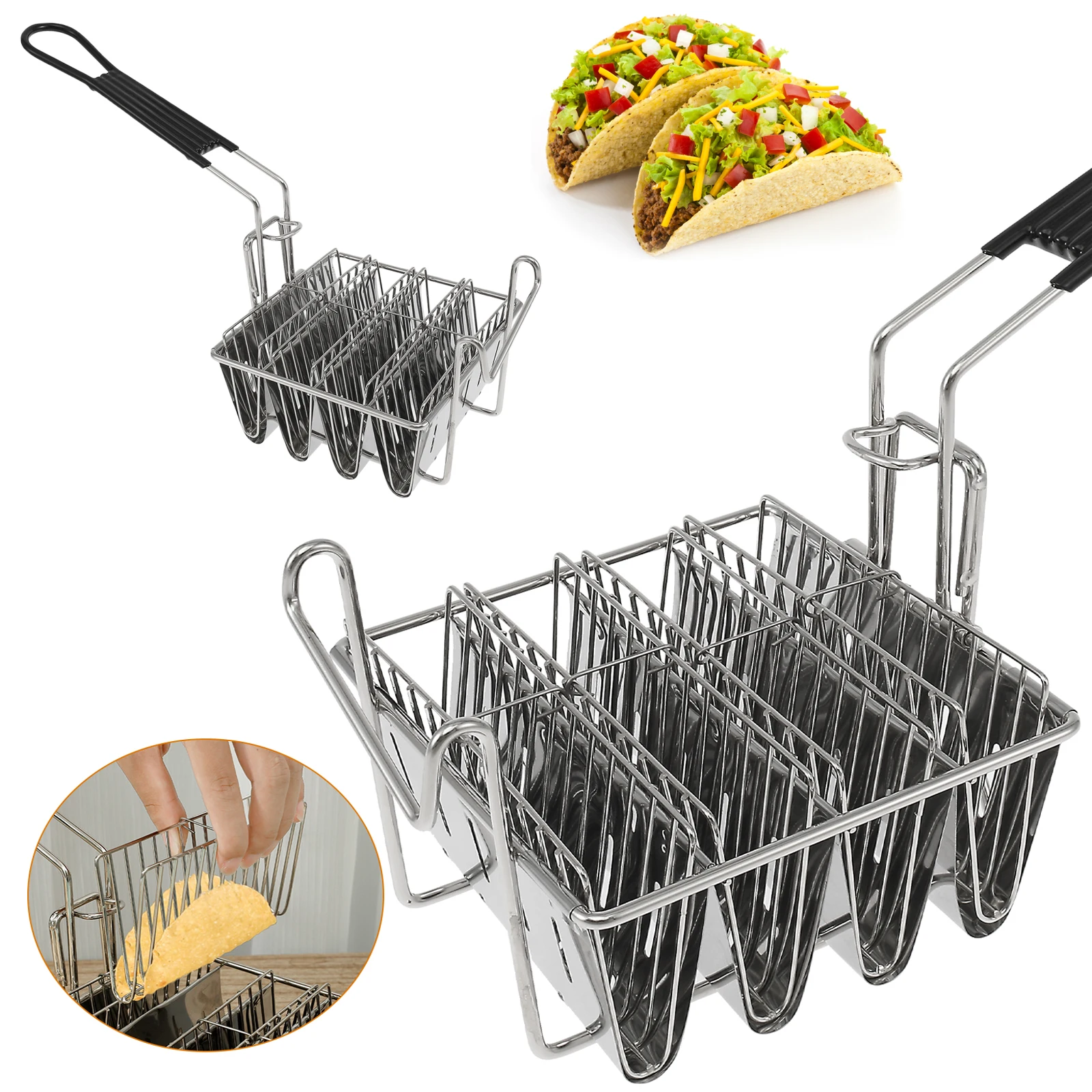

Stainless Steel Taco Fryer Basket 4 Shells Deep Fryer Taco Holder Tortilla Frying Rack with Detachable Grips Kitchen Cookware
