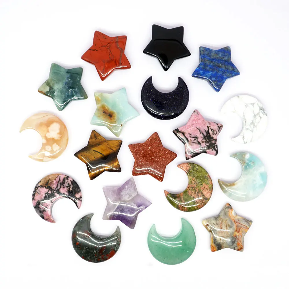 30mm Moon and Star Shaped Statue Natural Mascot Meditation Reiki Healing Crystal Carving Stone Figurine Gift Home Decor Ornament