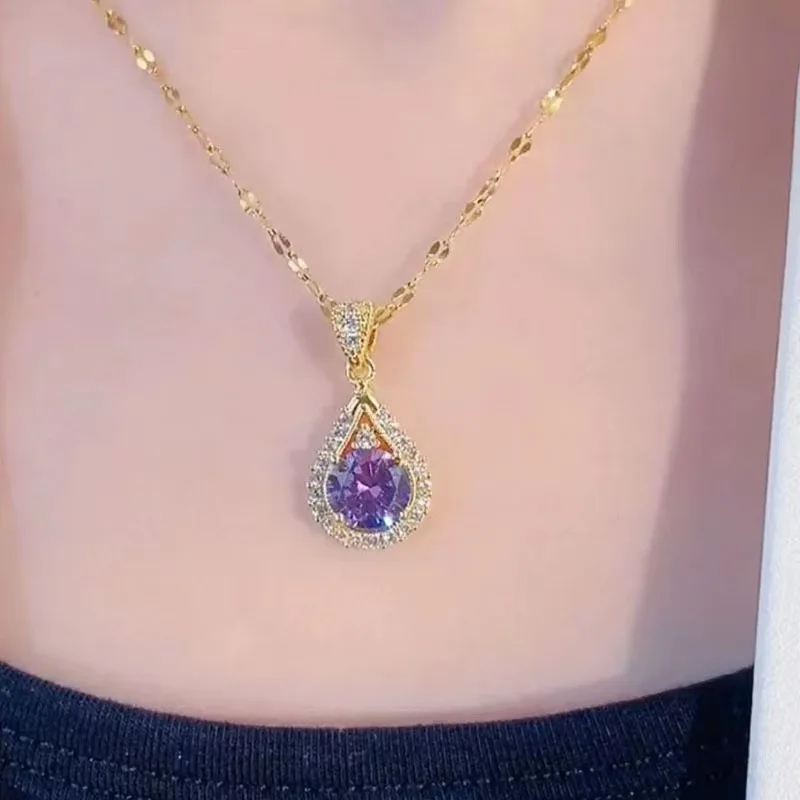 Bestselling Purple Waterdrop Crystal Pendant Necklace Women Fashion All-Match Light Luxury Daily Commute Clavicle Chain Jewelry