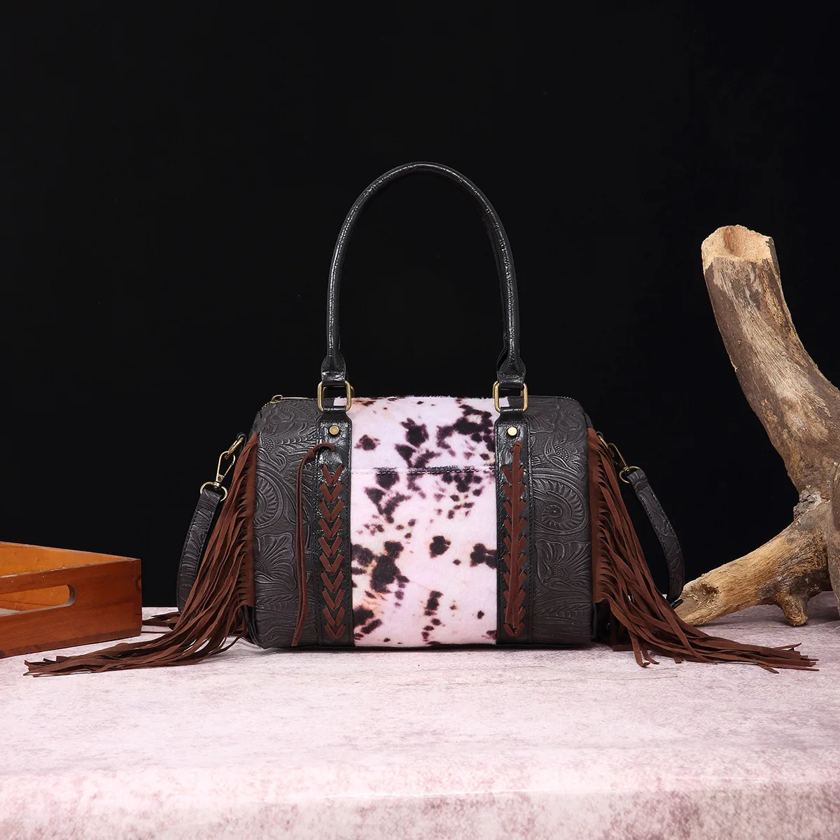 PU Leather Fashion Snake Cow Printing Mini Crossbody Bags Women Shoulder Bags tassels Top-Handle Handbags Female Messenger Bags