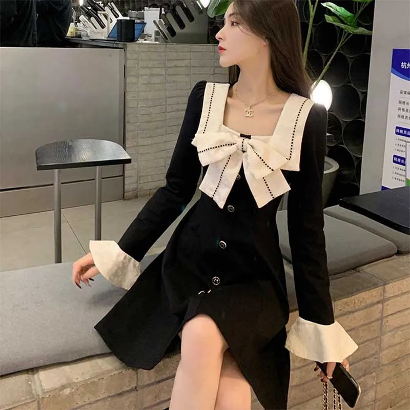 Sweet Square Collar Button Spliced Bow Flare Sleeve Princess Dress Female Clothing 2024 Spring New Loose Solid Color Mini Dress