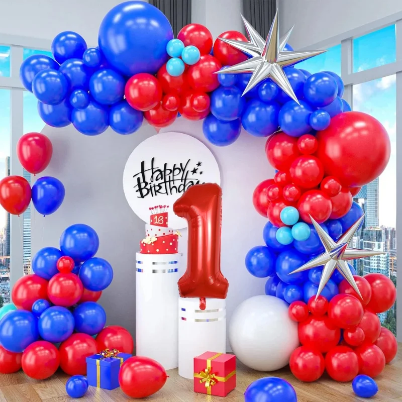 

Balloon Arch Set A combination of red and blue balloons with replaceable numbers a background decoration for birthday parties