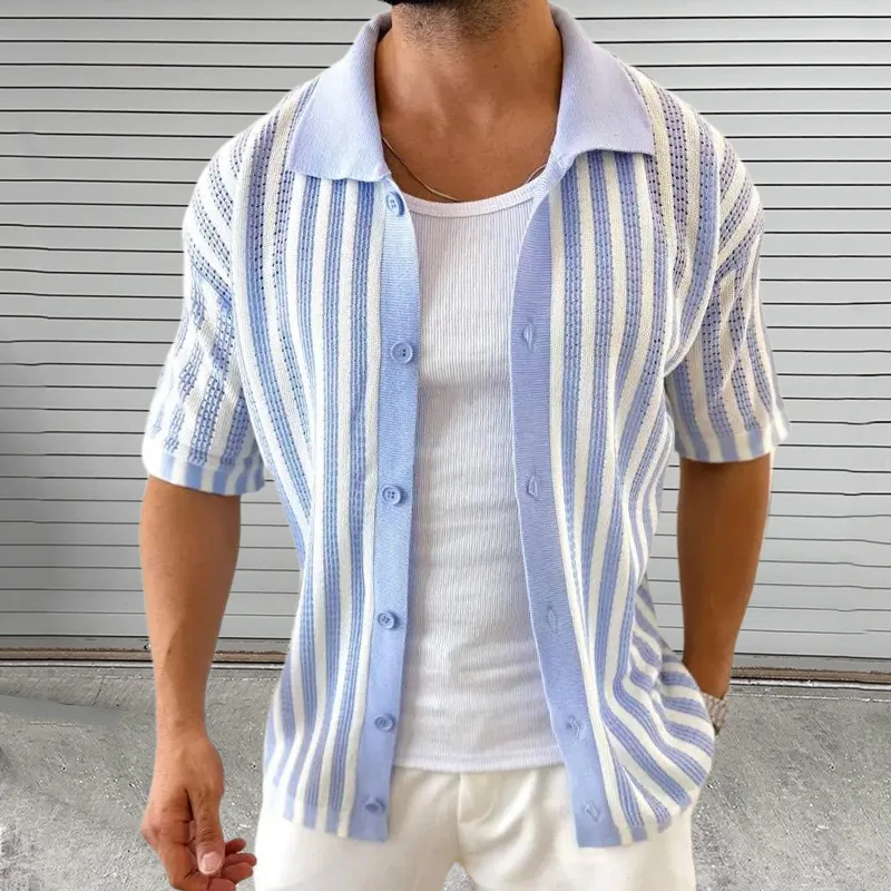Knitted Cardigan Summer New Striped Color Matching Lapel Short-sleeved Jacket Large Size