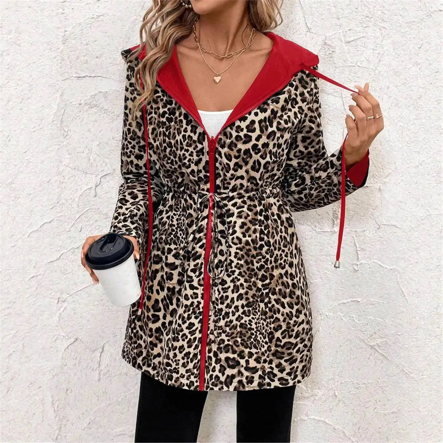 Double-Sided Wear Long Hooded Women's Jacket Thin Spring Autumn Fashion Casual Leopard Print Inner Elegant Commute Style Coat