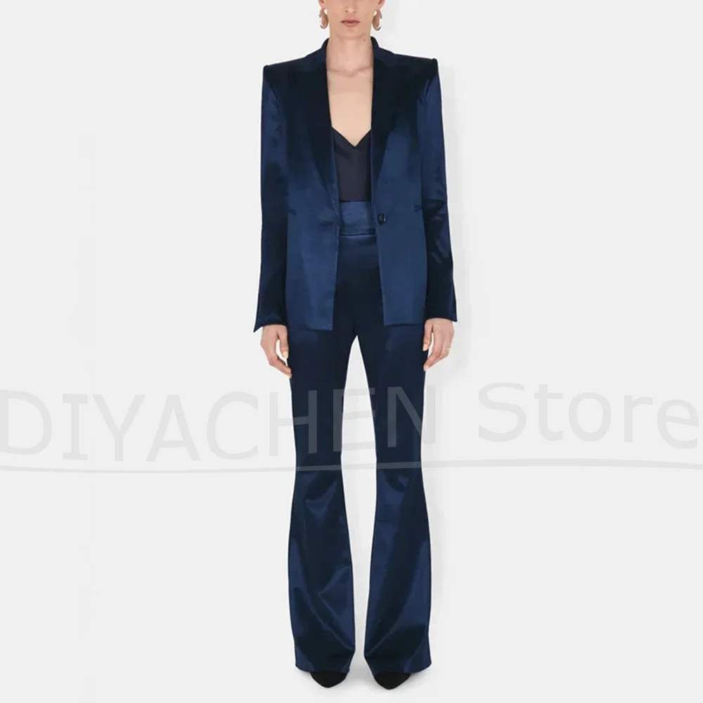 

Модный женский темно-синий атласный костюм, комплект, пиджак на одной пуговице, расклешенные брюки, комплект из двух предметов, вечерняя одежда, роскошные элегантные костюмы
