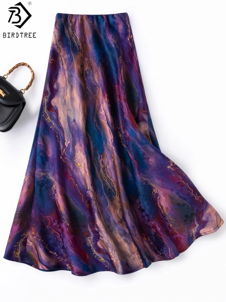Birdtree, 100% Silk Gradient Skirt, Bias-cut, Women Gambiered Canton Gauze Fishtail Skirts, Elastic Waist, 2026 New D63633JF