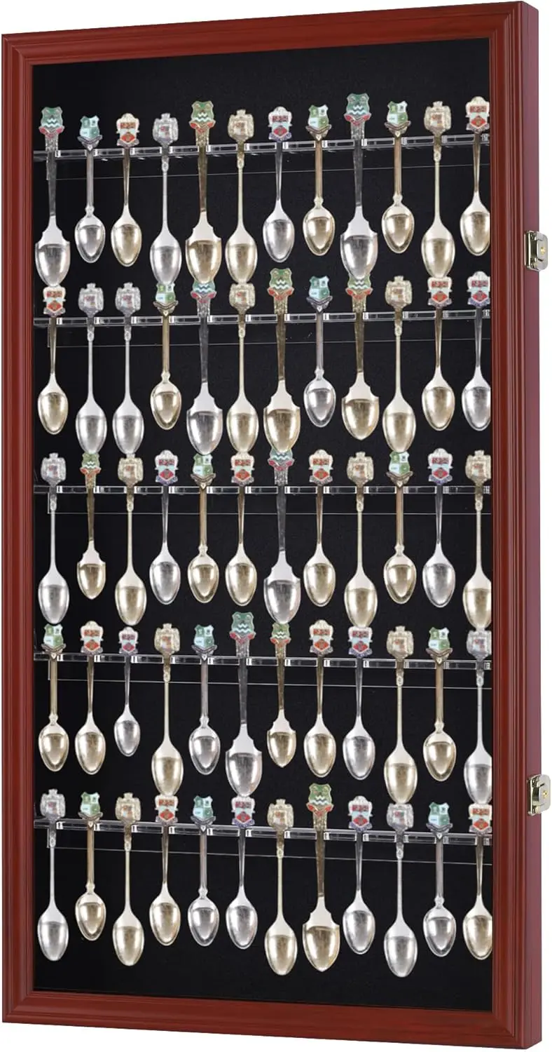 

60 Souvenir Spoon Tea Spoon Display Case Rack Holder Wall Cabinet Collection Frame with UV Protection, Lockable Door