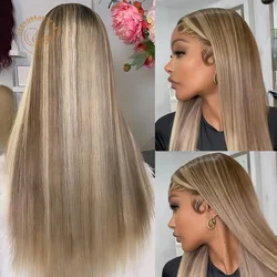 Highlight Ash Blonde Pre Plucked 13x6 Transparent Lace Frontal Wigs Honey Blonde Highlight Lace Front Human Hair Wig For Women