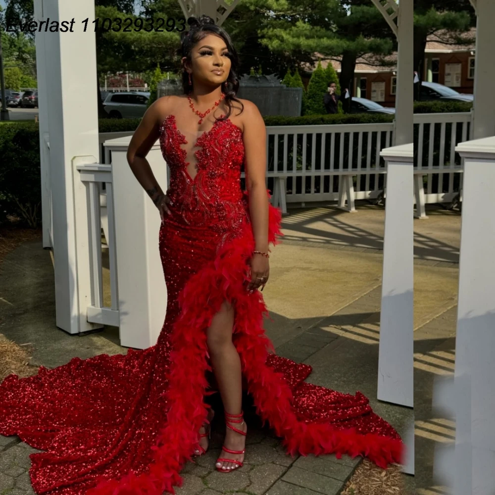 

EVLAST Customized Sexy Black Girls Sequins Red Prom Dress Feather Crystal Beaded High Slit African Party Aso Ebi Gown TPD178