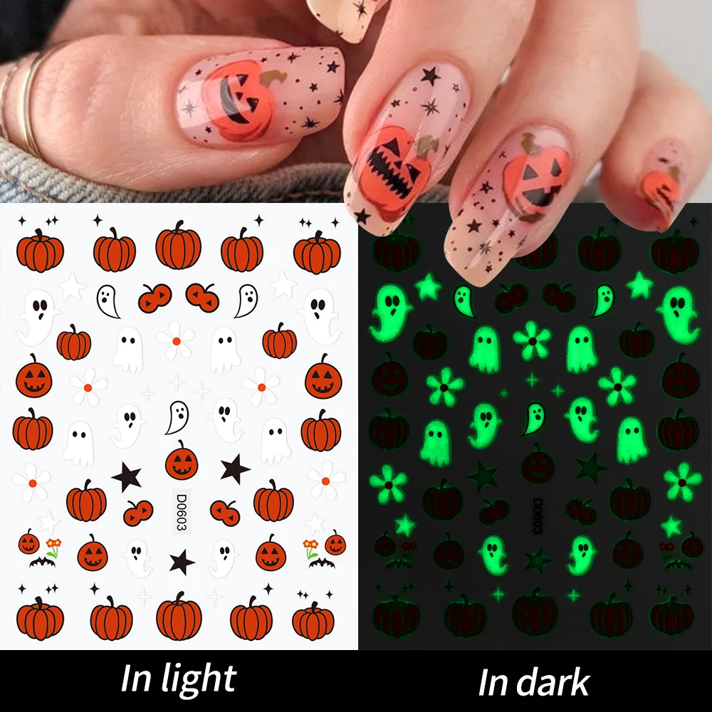 3d adesivos luminosos para nail art, 1 folha, fantasma, crânio, morcego, abóbora, diy, brilho no escuro, decoração de unhas