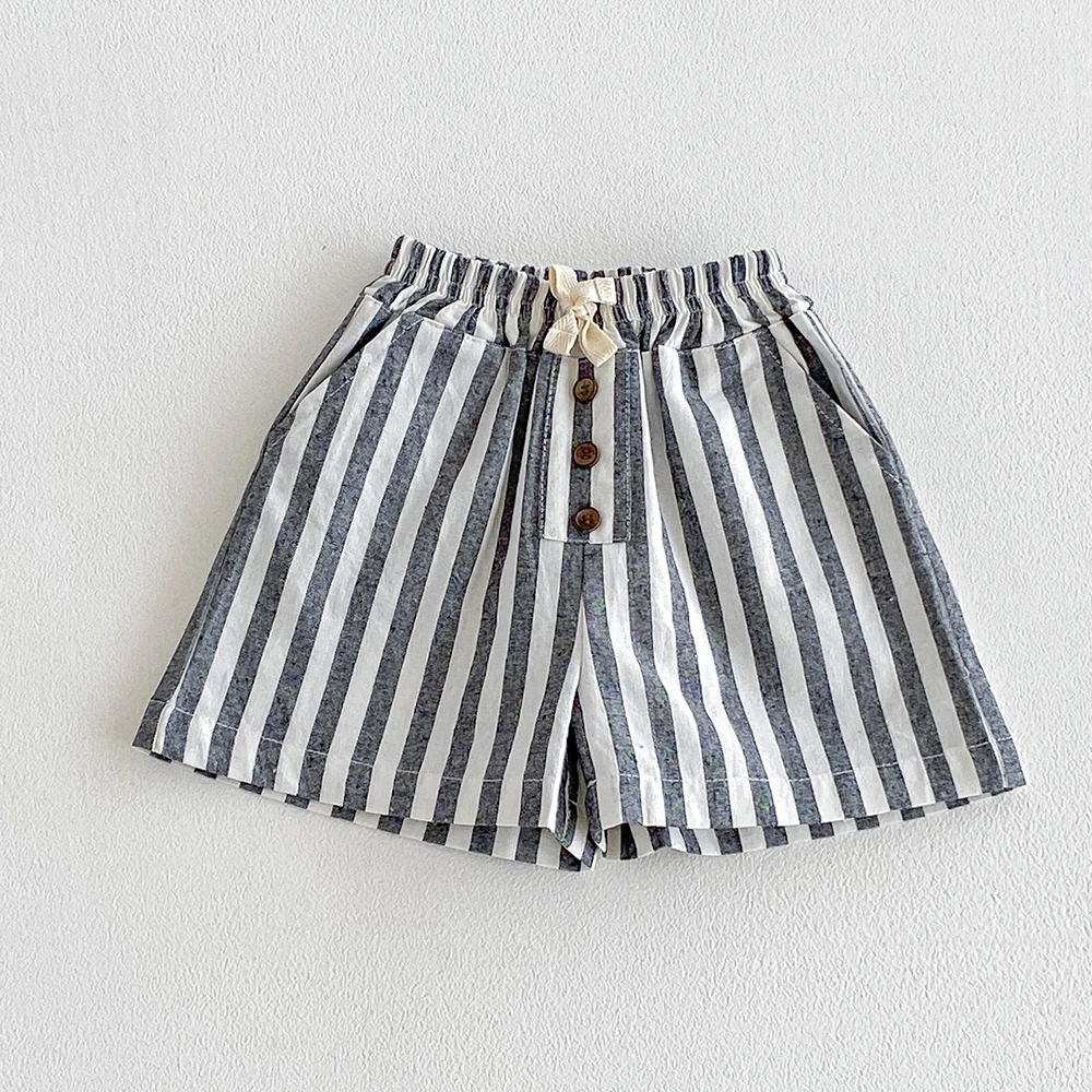 Sommerliche klassische Shorts für Jungen, gestreifte Shorts, elastische Taille, lässige Knöpfe, Taschen, kurze Babyhosen für Kleinkinder, Jungenkleidung – Detail 8