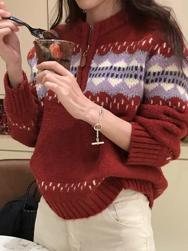 

Cisas, новогодняя красная блузка на молнии, женская корейская толстовка с капюшоном в стиле ретро, мягкий вязаный топ Fair Isle, длинный све