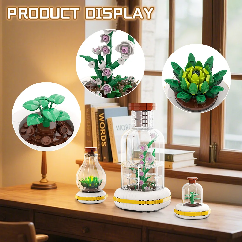 MOC Orchid Glass Vase Botanical Terrariums Building Blocks Miniature Glass Modern Planter Succulents Garden Brick Toys Gift