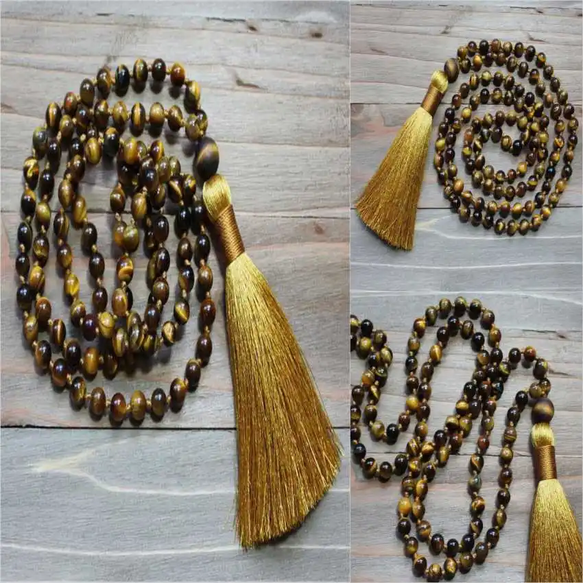 6mm Natural Tiger Eye 108 Beads Tassel Knot Necklace Pendant Beads Rustic Spiritual Seekers Religious Men Lariat Opera length