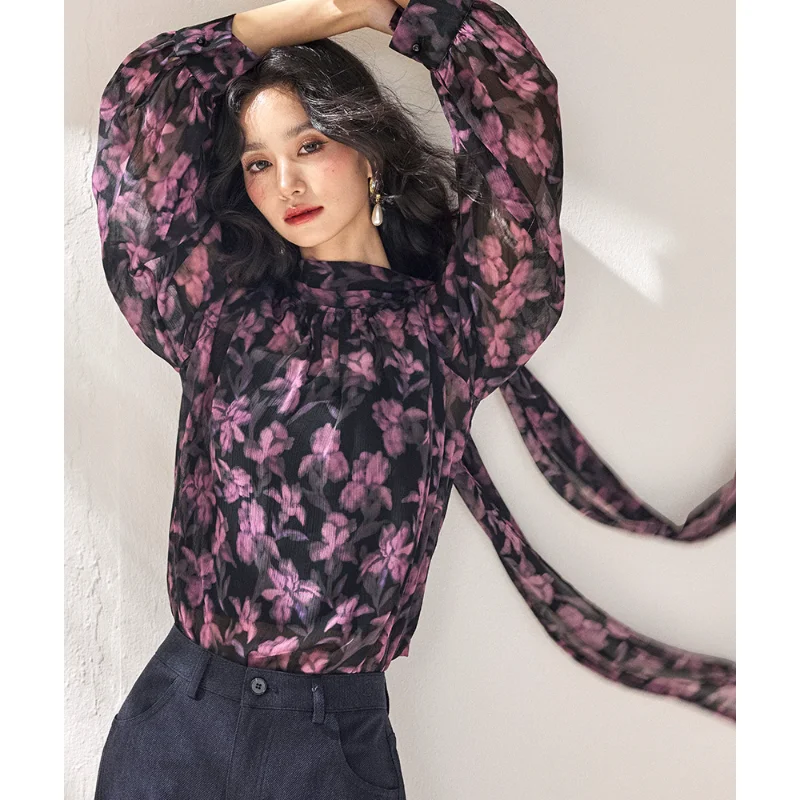 French Fashion Vintage Wine Chiffon Ribbon Small Stand Collar Printed Lantern Sleeve Micro-transparent Joker Shirt Top Women
