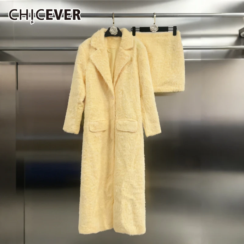 

CHICEVER Yellow Spliced Pocket Two Piece Set Female Lapel Long Sleeve Jacket Gentle Casual Women's Skirt Sets Fashion Style New