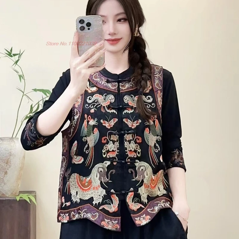 

2025 chinese vintage hanfu tops traditional stand collar vest national flower embroidery satin jacquard vest sleeveless jacket