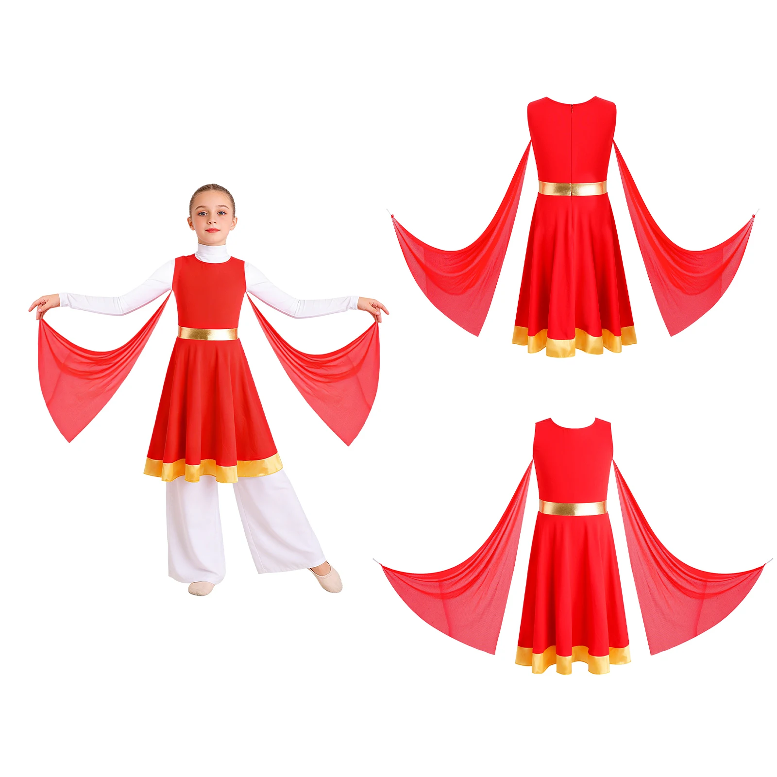 Children Girls Praise Dance Dress Liturgical Worship Choir Robe Sleeveless Metallic Color Mesh Drapes Lyrical Dancing Tunic