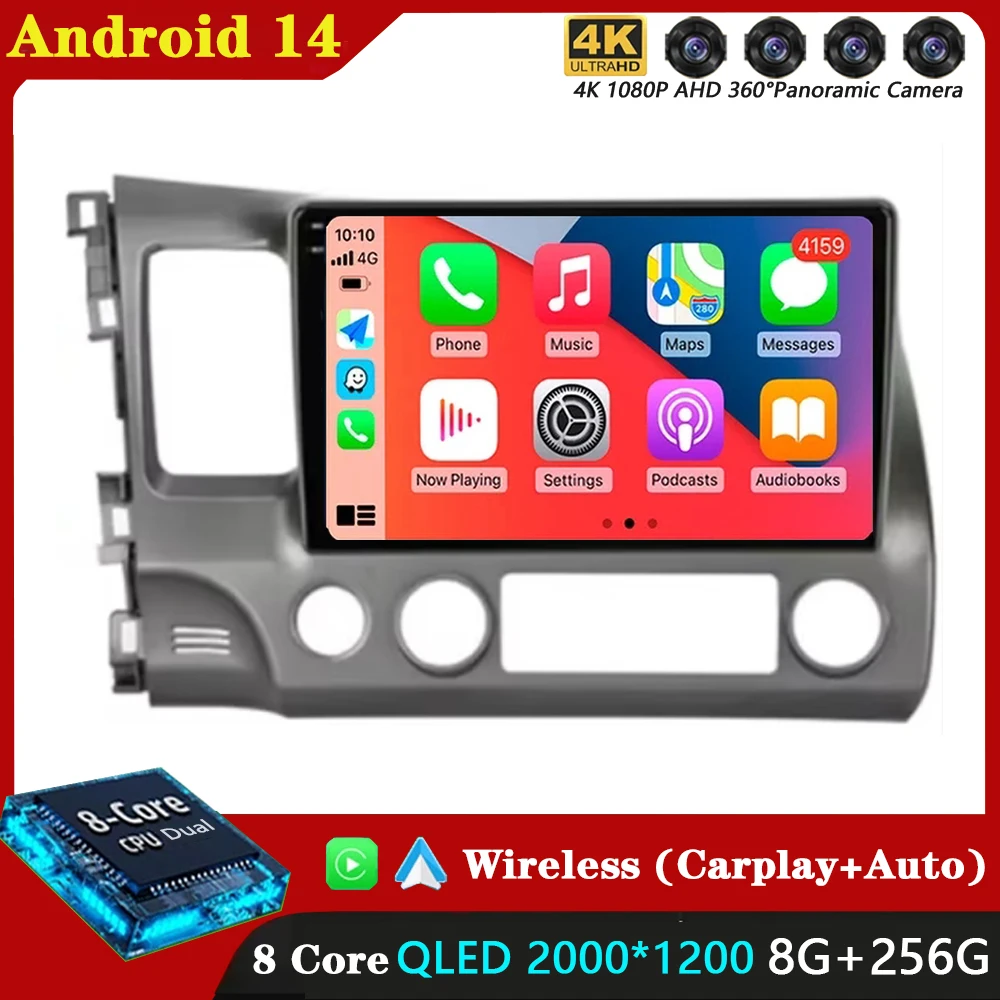 

Android 14 Автомобильный стерео радио Мультимедийный плеер для Honda Civic 8 2005 2006-2012 GPS головное устройство 4G WIFI Carplay Auto 360 камера DSP