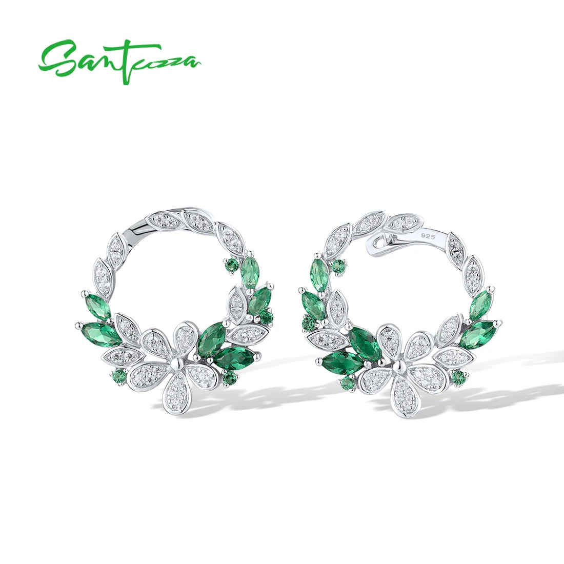 

SANTUZZA Real 925 Sterling Silver Earrings For Women Sparkling White CZ Green Spinel Flower Leaves Elegant Party Fine Jewelry