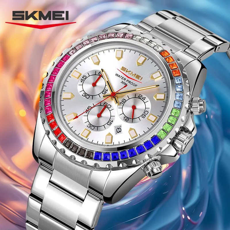 SKMEI New Men's Diamond-Studded Rainbow Bezel, Three-Eye Six-Hand Multifunction Quartz Business Casual Watch