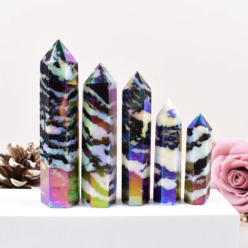 Natural Crystal Zebra Stone Aura Electroplating Obelisk Tower Hexagonal Wand Healing Treatment Stone Home Ornament
