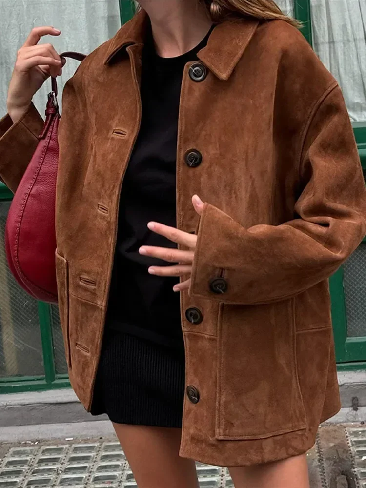 Vintage Brown Suede Leather Blazer Jackets For Women Fashion Lapel Single Breasted Pockets Crop Coats 2024 Lady Autumn Outerwear