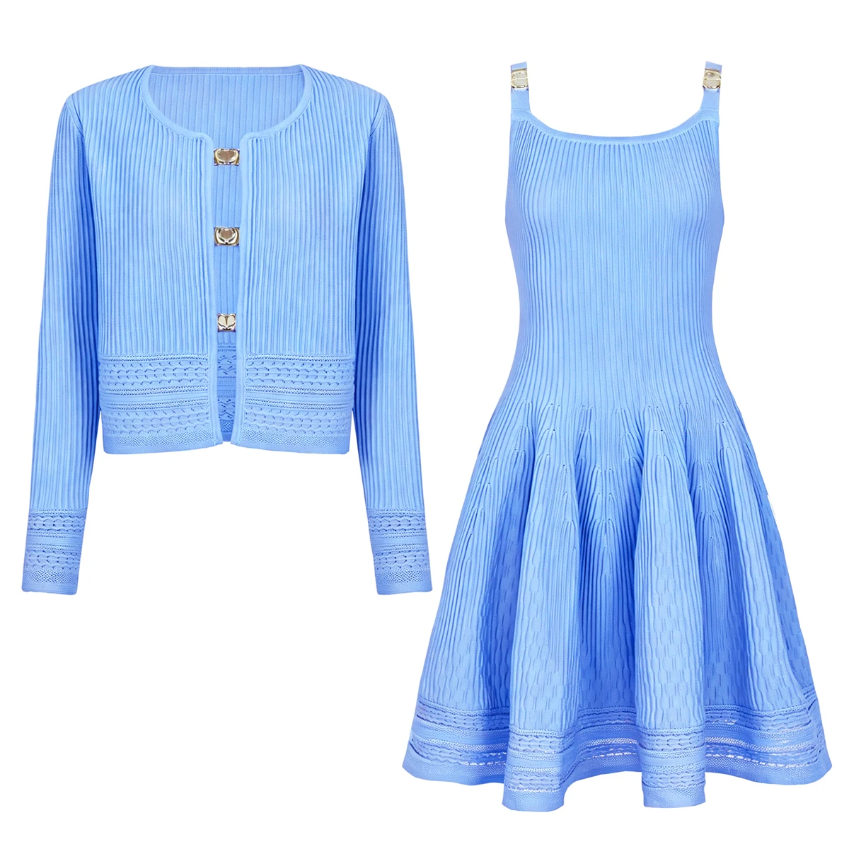 26299 High-Quality Spring And Autumn New Women's Heart-Shaped Button Decoration Slimming Top Knitted Cardigan+Camisole Skirt Set