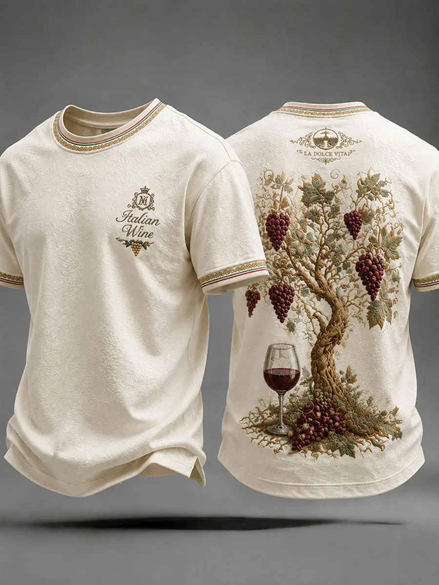 Italian Wine Grapevine Red Wine Glass Pattern T-shirt - La Dolce Vita Retro Embossed Casual Short-sleeved T-shirt
