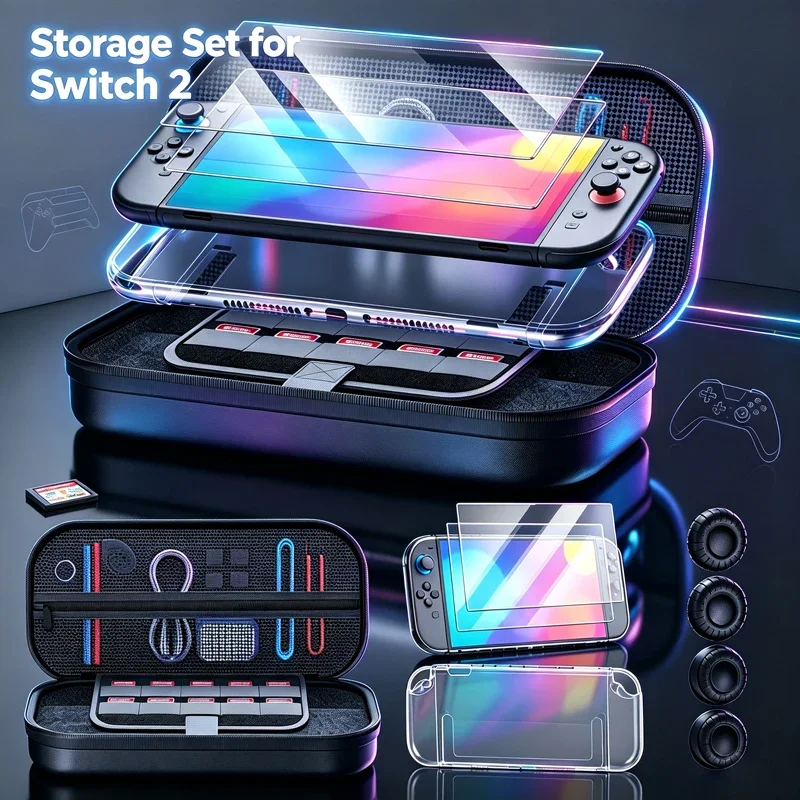 Accessories Bundle for Switch 2, Portable Hard Carrying Case with Protective Skin , 2 Screen Protector, 4 Thumb Grips