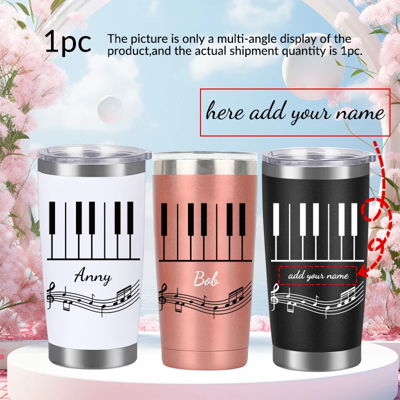 1pc Customized Name 20oz Party Water Bottle with Lid 3d Printed Piano Stainless Steel Insulated Car Cup Coffee Mugs Drink Cups