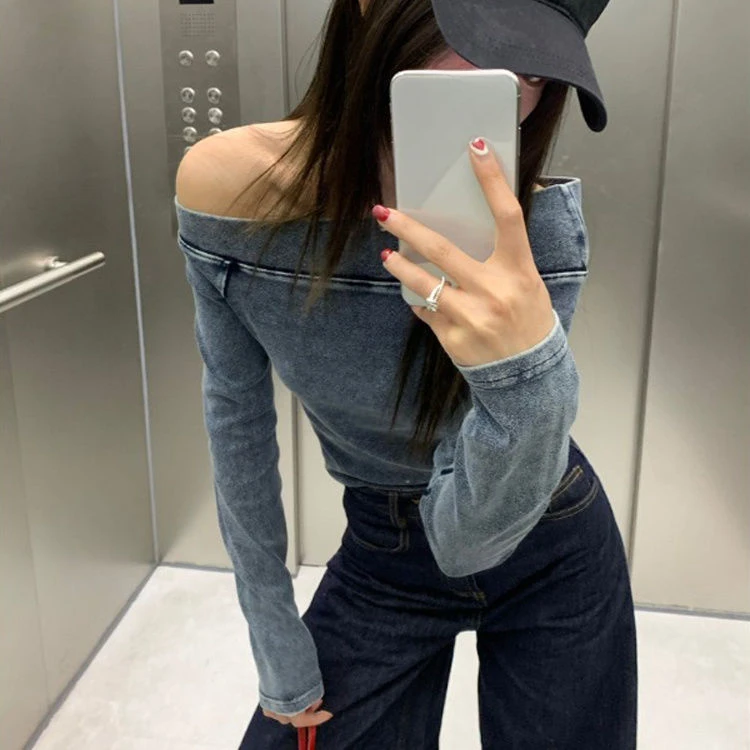 KUSAHIKI Retro Off spalla Denim camicia blu per le donne autunno nicchia Sexy senza spalline ragazza piccante breve Y2k Jeans Top