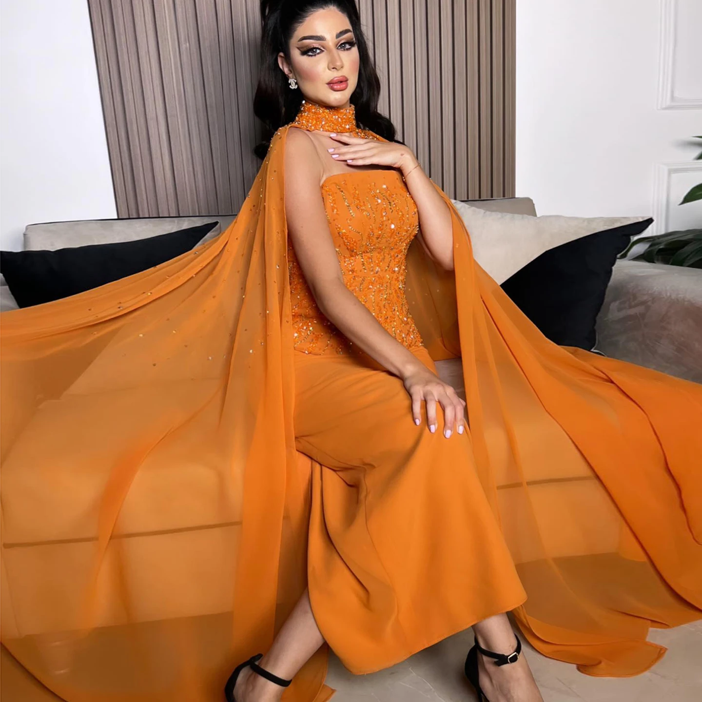 Sharon กล่าวว่า Elegant สีส้มชีฟองชุดราตรี Cape แขนผู้หญิงสําหรับงานแต่งงานดูไบพรรคอย่างเป็นทางการชุด SS299 ที่กําหนดเอง