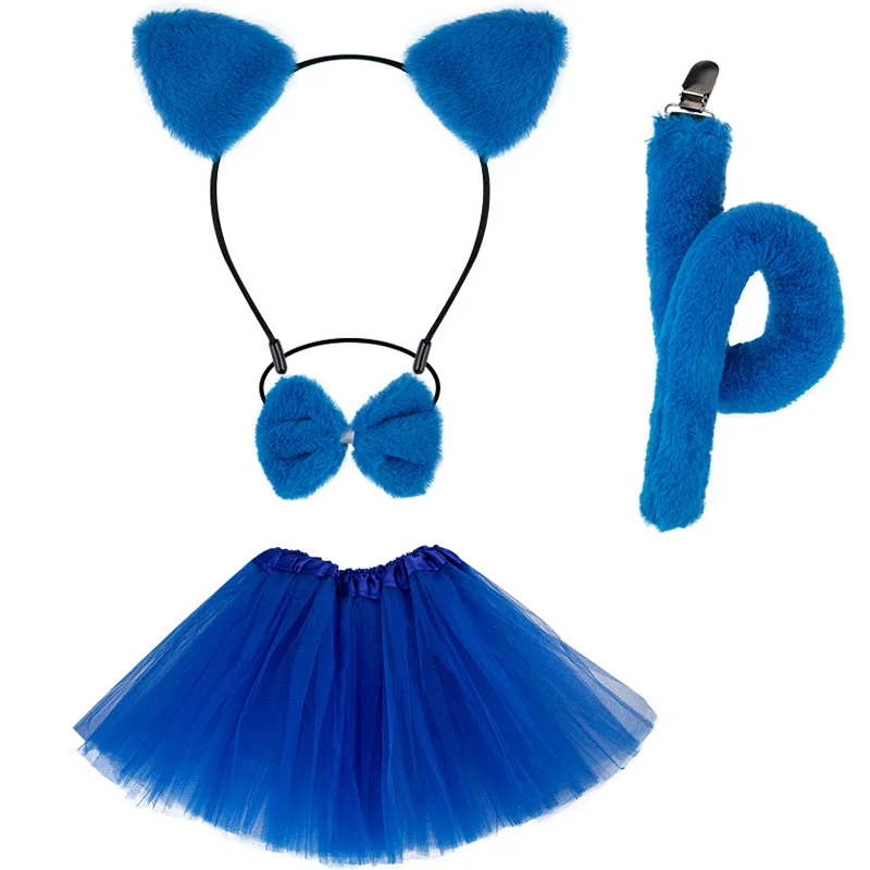 Women Girls Cat Ears Headband with Tail Skirt Set Furry Blue Black Halloween Cosplay Dress Up Costume Face Art Decor