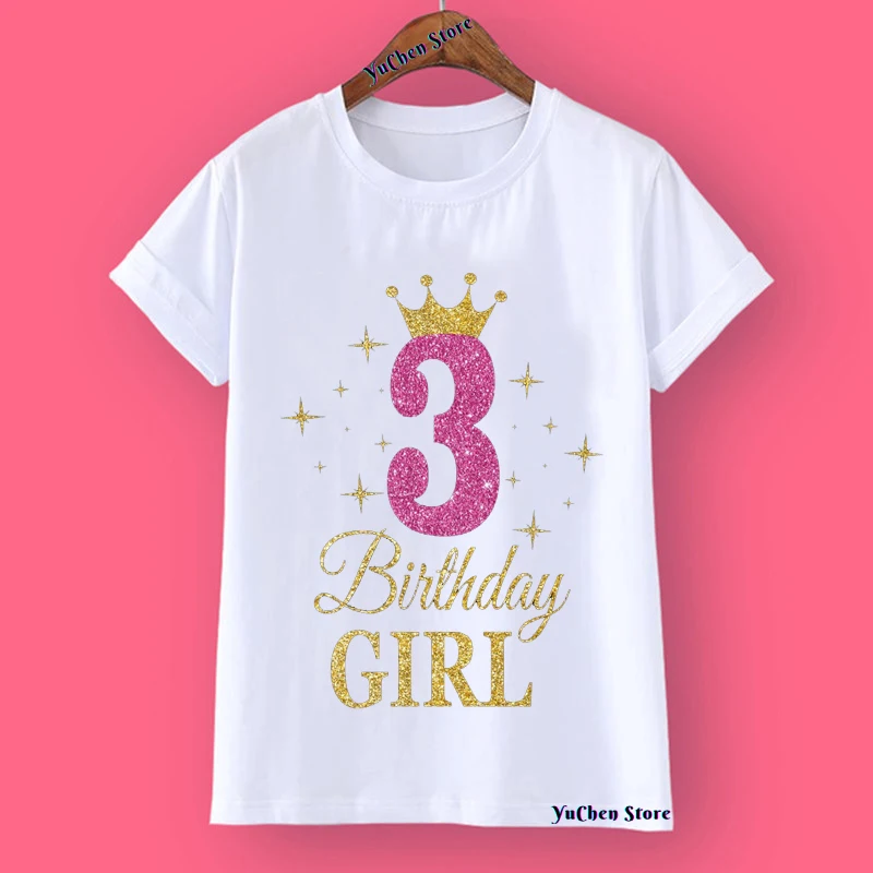 2022 New Kids Girls Summer Birthday T-shirts Short Sleeved T Shirt Size 1 2 3 4 5 6 7 8 9 10 Year Children Party Clothing Tops