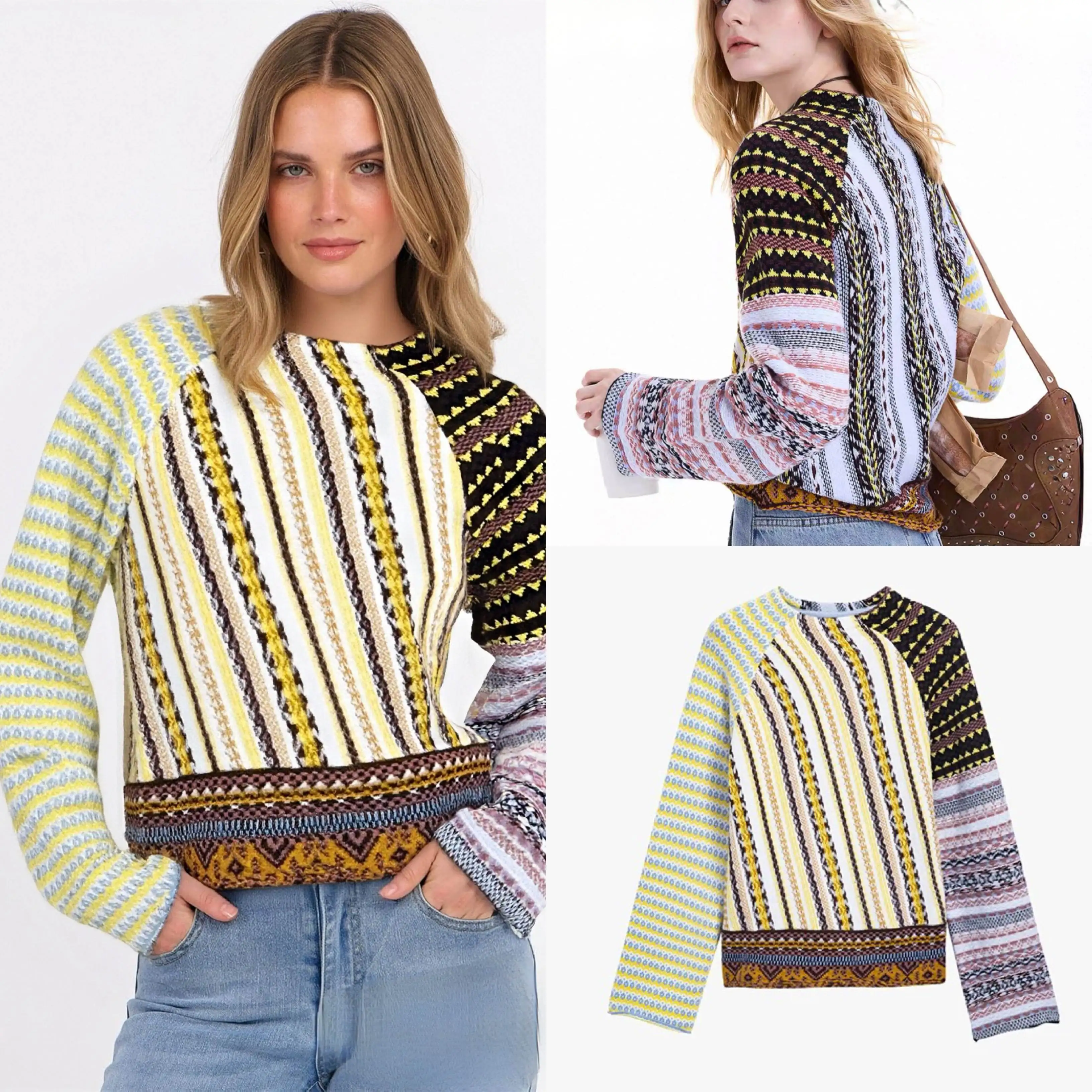 

Foreign Trade Spain Original Light Luxury Women's Knitted Shirt Color Contrast Stripe Splicing Design New Product