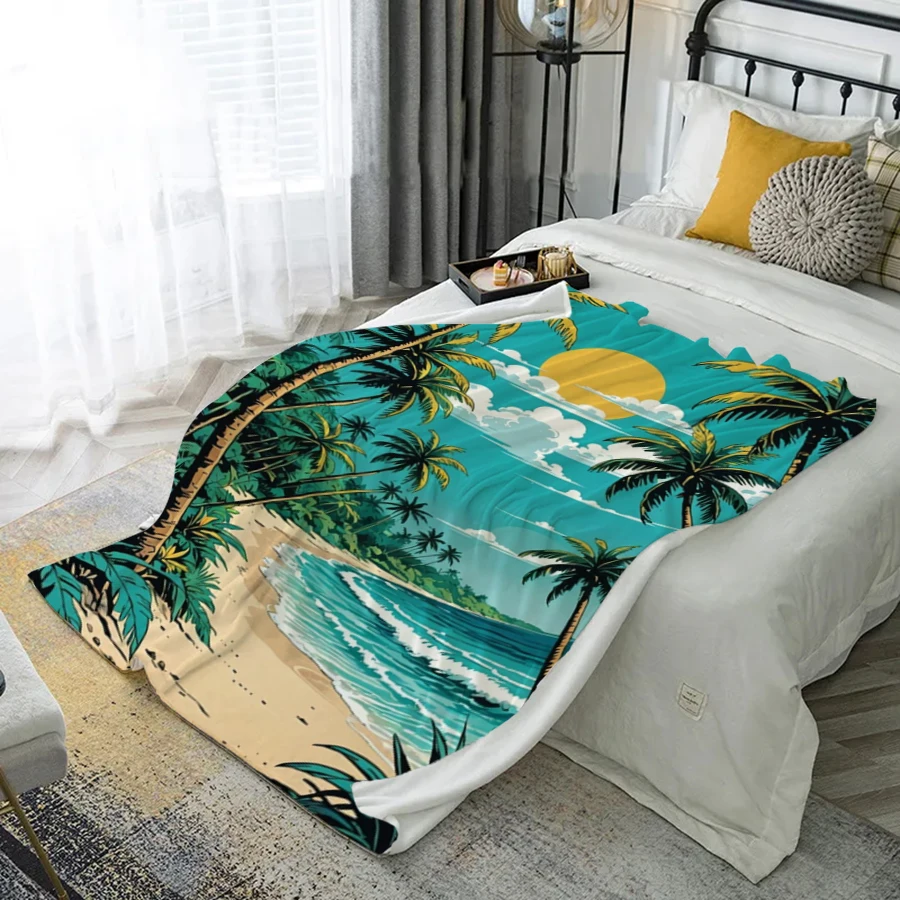

Tropical Beach Print Microfiber Flannel Cover Blanket Bedroom Living Room Sofa Soft And Comfortable Home Decoration