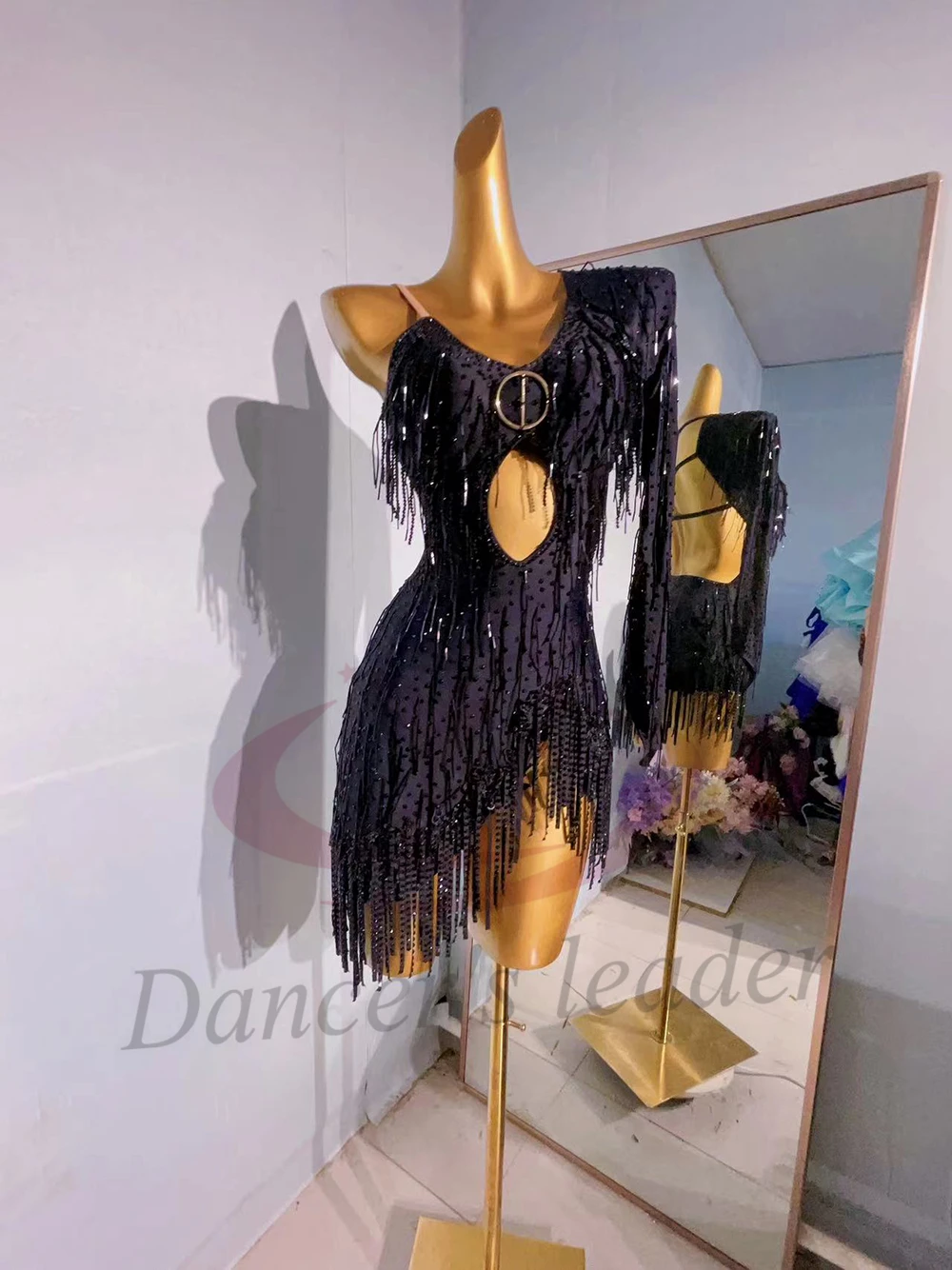 

Latin Dance Costume AB Stone Female Adult Children High-End Customized Backless Dress Black Pool Samba Performance Dress