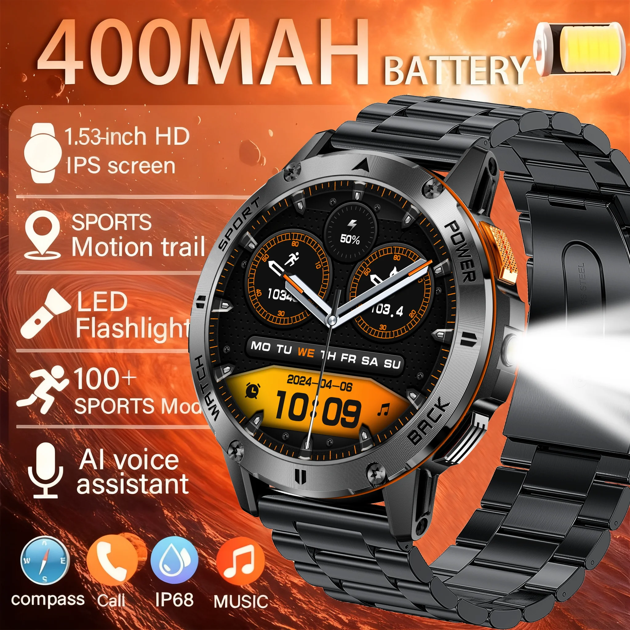 

DAORKOW New LED Flashlight Smart Watch Men 1.53' AMOLED HD Display Compass Waterproof Sport Fitness Wireless Call Smartwatch Men