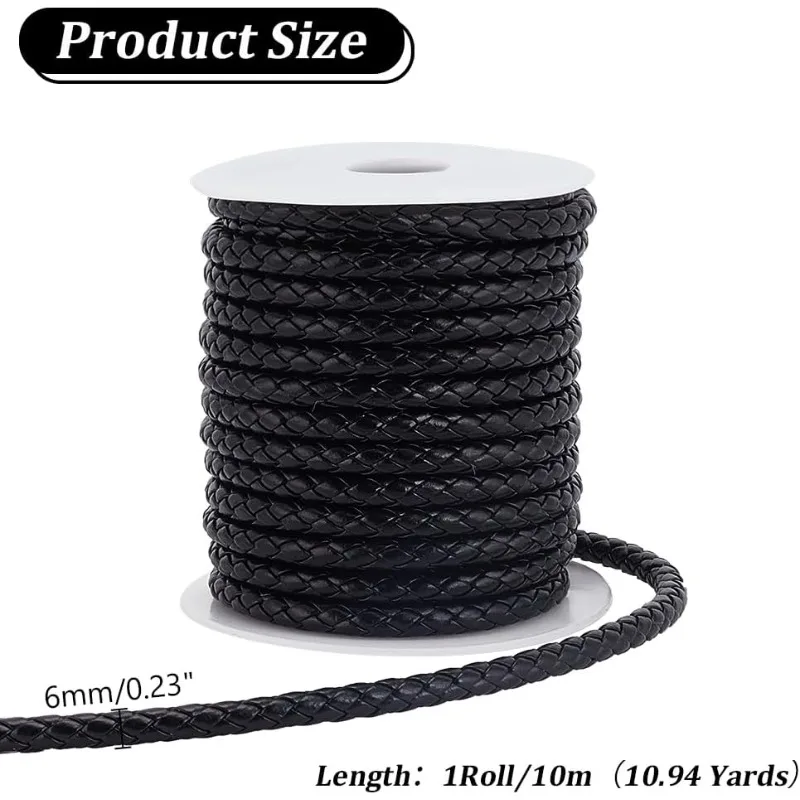 10.94 Yards(10m) Round Braided Leathers Cord 6mm Wide Black Folded Bolo Tie Cord Rope Lace with Spool Round PU Leathers Cord