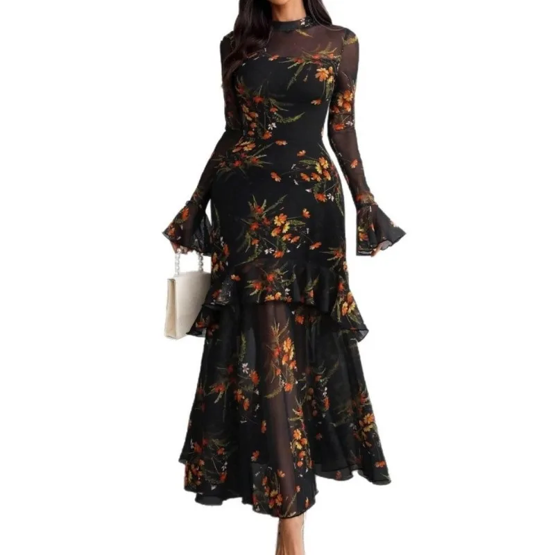 

Deeptown Vintage Floral Long Dresses Women Elegant Mesh Ruffle Black Evening Dress Transparent Flare Sleeve Beach Maxi Dresses