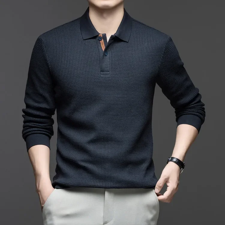 Langarm-Poloshirt aus Waffelstrick – Weiche Baumwollmischung, Slim Fit, Lässiges Business-Oberteil für Herbst und Winter, Mehrfarbig – Detail 12