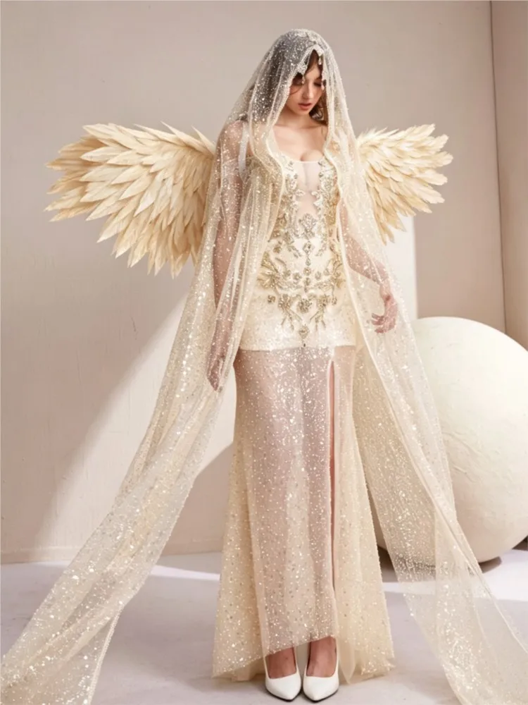 Champagne Host Toast off-Shoulder Beaded Catwalk Shawl Wing Dress