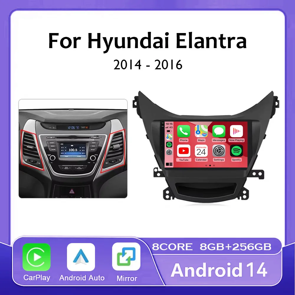 Android 14 Carplay Car Radio For Hyundai Elantra Avante I35 2014 - 2016 Navigation GPS Multimedia Player stereo WiF+4G 360Camera